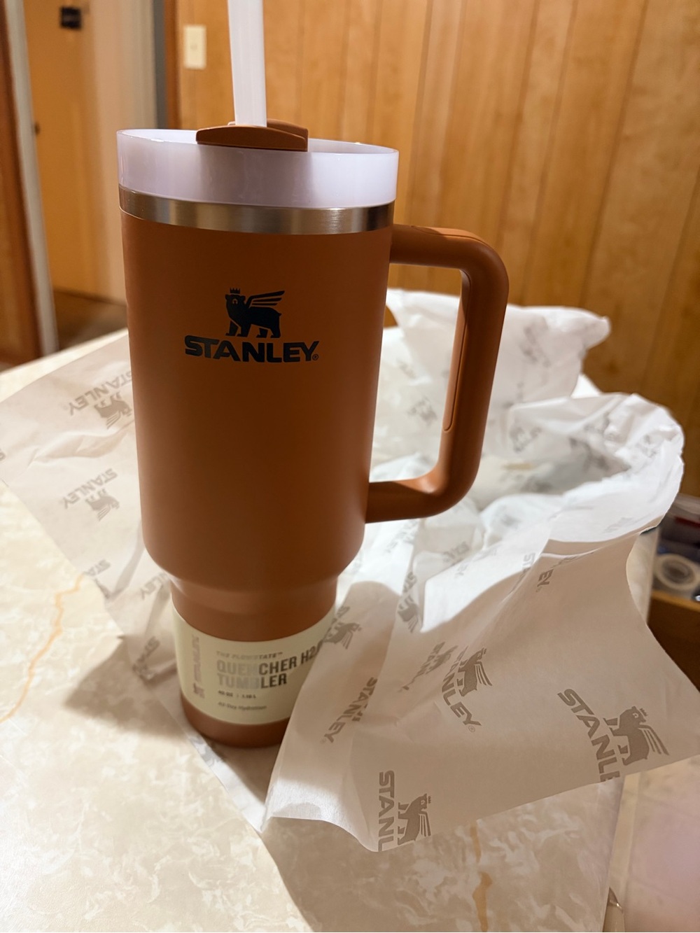 Stanley Rust-Colored Insulated Travel Mug with Handle and Straw
